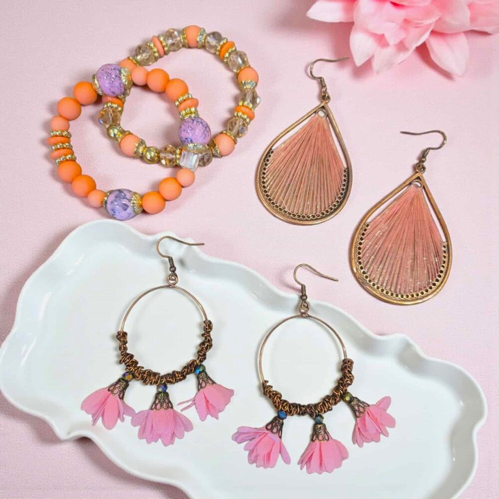 Pink And Peach Earring And Bracelet Set
